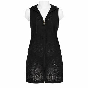 Size XL Dotti Womens Gypsy Gem Hooded Swim Cover Up Black Zip Eyelet Beach Pool